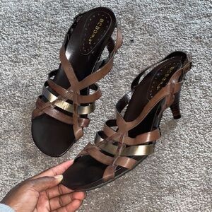BCBGirls Strappy Heels SIZE 10 Brown Gold Leather Sandals Open Toe Slingback